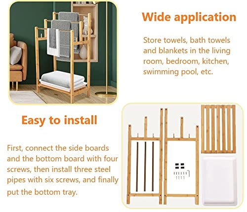 Nisorpa 3 Tier Freestanding Towel Rack Bamboo Bathroom Towel Drying Stand Holder Bamboo Standing Towel Rack with Bottom Storage Shelf for Hand Towel Washcloth Facecloth Small Bath Towel and Bathrobe