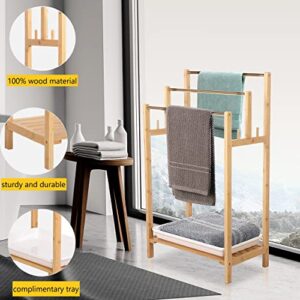 Nisorpa 3 Tier Freestanding Towel Rack Bamboo Bathroom Towel Drying Stand Holder Bamboo Standing Towel Rack with Bottom Storage Shelf for Hand Towel Washcloth Facecloth Small Bath Towel and Bathrobe