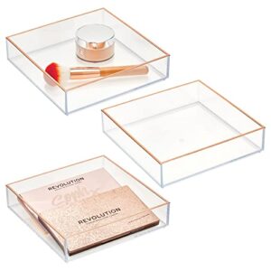 mdesign plastic drawer organizer, square storage tray for cosmetics, makeup, and accessories on vanity, countertop, bathroom, or cabinet - 3 pack - clear/rose gold