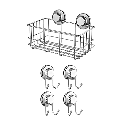 SANNO Suction Cup Shower Caddy Bath Wall Shelf, Deep Bathroom Basket Vacuum Suction Cup Hooks