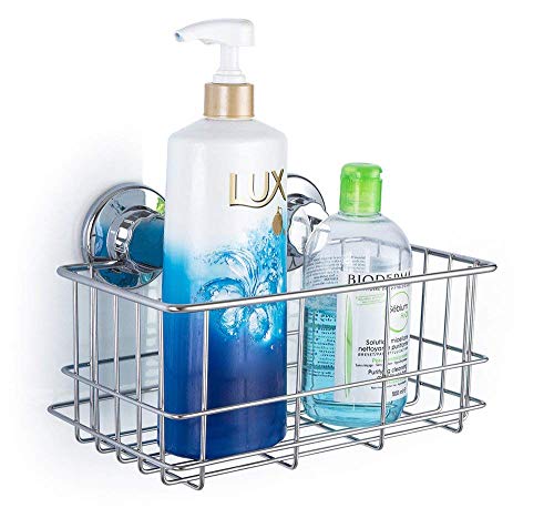 SANNO Suction Cup Shower Caddy Bath Wall Shelf, Deep Bathroom Basket Vacuum Suction Cup Hooks