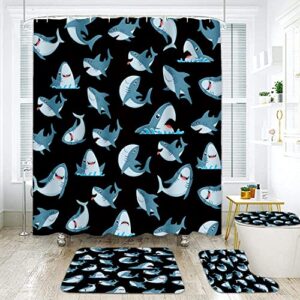 4 pcs shark shower curtain for bathroom, black shower curtain set with rug, toilet cover, bath mat, durable, quick dry, washable, 12 hooks - 72" x 72".