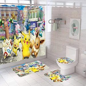 jauiegu 4 pcs funny anime shower curtain set with non-slip rugs for bathroom decor, toilet lid cover and bath mat, shower curtain with 12 hooks,