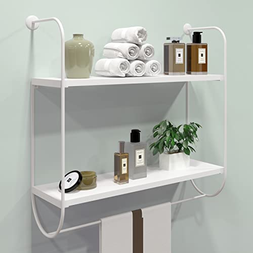 WELLAND 2-Tier Wall Mounted Bathroom Shelf with Towel Rack, 17" White Floating Shelves Towel Shelves Over Toilet Storage Shelving for Bathroom, Living Room, Kitchen