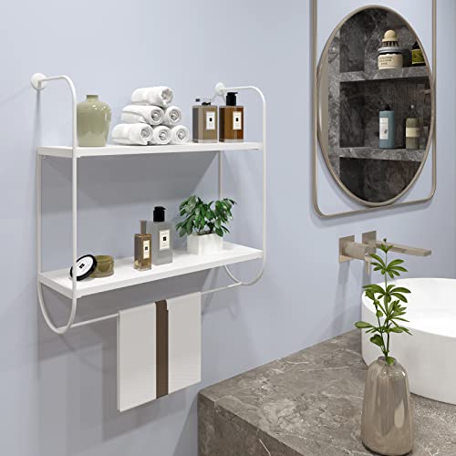 WELLAND 2-Tier Wall Mounted Bathroom Shelf with Towel Rack, 17" White Floating Shelves Towel Shelves Over Toilet Storage Shelving for Bathroom, Living Room, Kitchen