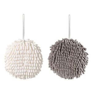 2 pack chenille hanging hand towel ball soft absorbent microfiber hand towels plush quick-drying hanging hand towel ball with hanging loops for bathroom kitchen, white and gray