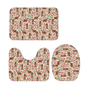 cute cocker spaniel dog flower floral 3d print bath mat for bathroom rugs sets 3 piece，u-shaped contour shower mat non slip absorbent ,flannel fabric toilet lid cover washable ,doormat antiskid pad