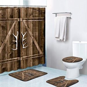 britimes 4 piece shower curtain sets, old brown wooden door with non-slip rugs, toilet lid cover and bath mat, durable and waterproof, for bathroom decor set, 72" x 72"