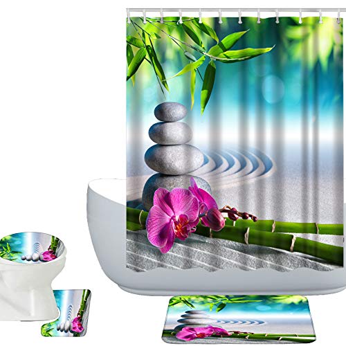 Amagical Zen Garden Theme 16 Piece Shower Curtain Set Bathroom Mat Set Orchid Flowers and Stones in Zen Garden Sunny Day Pattern Bath Mat + Contour Mat + Toilet Cover + Shower Curtain and 12 Hooks