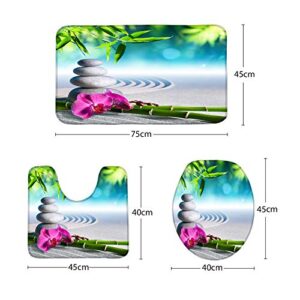 Amagical Zen Garden Theme 16 Piece Shower Curtain Set Bathroom Mat Set Orchid Flowers and Stones in Zen Garden Sunny Day Pattern Bath Mat + Contour Mat + Toilet Cover + Shower Curtain and 12 Hooks