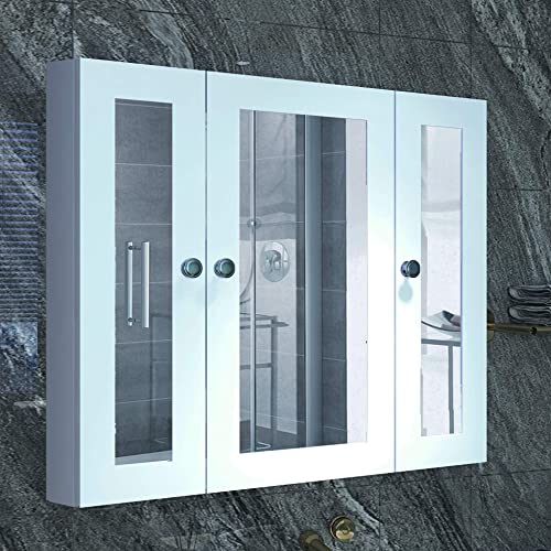 BUBFUL Bathroom Mirror Cabinet Wall Mounted Medicine Pharmacy Cabinets with 3 Doors, Waterproof PVC White Color