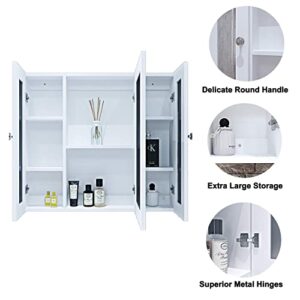 BUBFUL Bathroom Mirror Cabinet Wall Mounted Medicine Pharmacy Cabinets with 3 Doors, Waterproof PVC White Color