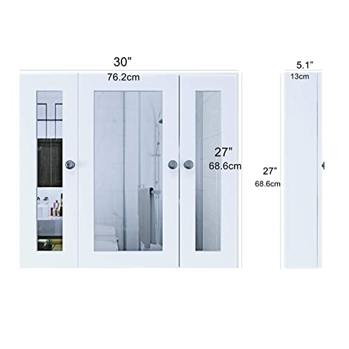 BUBFUL Bathroom Mirror Cabinet Wall Mounted Medicine Pharmacy Cabinets with 3 Doors, Waterproof PVC White Color