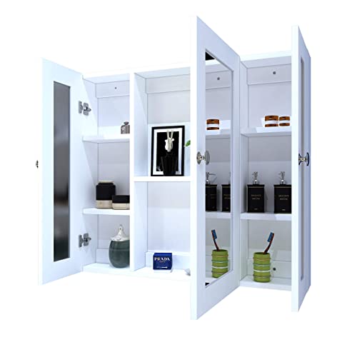 BUBFUL Bathroom Mirror Cabinet Wall Mounted Medicine Pharmacy Cabinets with 3 Doors, Waterproof PVC White Color