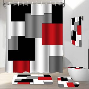 kinuuis 5pc geometric bathroom shower curtain sets,red grey black bathroom sets with rugs and bath towels and accessories,abstract shower curtain set for bathroom decoration