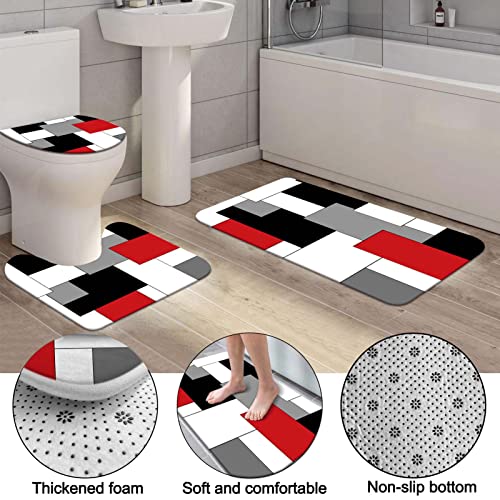 KINUUIS 5PC Geometric Bathroom Shower Curtain Sets,Red Grey Black Bathroom Sets with Rugs and Bath Towels and Accessories,Abstract Shower Curtain Set for Bathroom Decoration