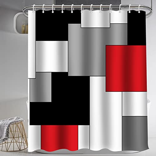 KINUUIS 5PC Geometric Bathroom Shower Curtain Sets,Red Grey Black Bathroom Sets with Rugs and Bath Towels and Accessories,Abstract Shower Curtain Set for Bathroom Decoration