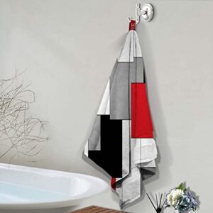 KINUUIS 5PC Geometric Bathroom Shower Curtain Sets,Red Grey Black Bathroom Sets with Rugs and Bath Towels and Accessories,Abstract Shower Curtain Set for Bathroom Decoration