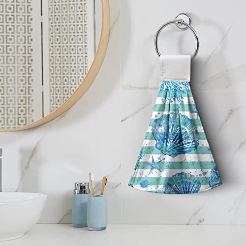 Kwlegh Coastal Seashells Hanging Hand Towels Set of 2 Teal Stripes Tie Towels Summer Starfish Bathroom Towels Absorbent Kitchen Towels with Hanging Loop for Bathroom for Bathroom Kitchen 12x17 Inch