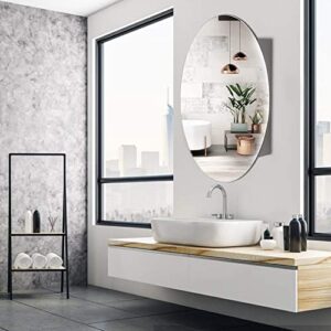 Movo Medicine Cabinet with Mirror Oval Beveled Polished Frameless Wall Mirror for Bathroom, Livingroom, Bedroom (18" W x 26" H Oval), Surface Mount Installation only, White Coated Metal Shelf