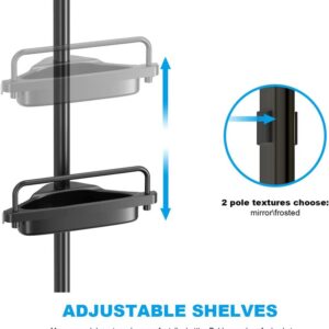 FRDECON Rustproof Shower Caddy Corner for Bathroom, 4-Tier Tension Pole Stainless Steel Shower Organizer, 56 to 117 Inch Adjustable Bathtub Shower Shelf Storage with 1 Tower Bar, Black