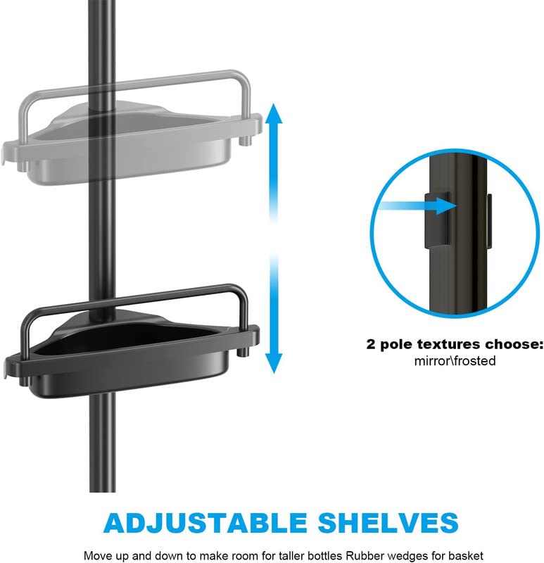 FRDECON Rustproof Shower Caddy Corner for Bathroom, 4-Tier Tension Pole Stainless Steel Shower Organizer, 56 to 117 Inch Adjustable Bathtub Shower Shelf Storage with 1 Tower Bar, Black