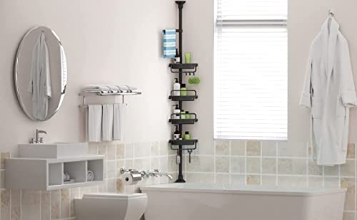 FRDECON Rustproof Shower Caddy Corner for Bathroom, 4-Tier Tension Pole Stainless Steel Shower Organizer, 56 to 117 Inch Adjustable Bathtub Shower Shelf Storage with 1 Tower Bar, Black