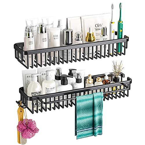 Shower Caddy Basket Shelf Pack of 2 - Self Adhesive and Drill Kitchen or Bathroom Organizer - Shower Shelves Space aluminum Shower wall caddy(Black)