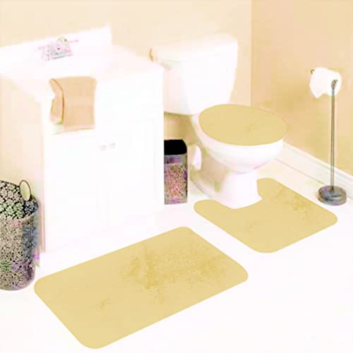 Gorgeous Home Linen (#6) 3 PC Solid Bathroom Set Bath Mat, Contour, and Lid Cover, with Rubber Backing (Gold)