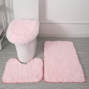 moonase bathroom rugs set 3 pieces ultra soft non slip and absorbent chenille bath rugs machine washable for tub, shower, bathroom (pink) (fdgfhgh)