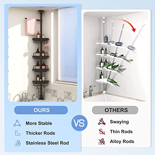 MOFAOTU Shower Caddy Corner, 4-Layer Shower Organizer, Rustproof Stainless Shower Shelves, Large Shower Storage and Shower Caddy Tension Pole, Drill Free Shower Rack, 56-117 Inch, Black