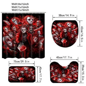 daweitianlong 4 Piece Horror Shower Curtain Set with Non-Slip Rug, Thickened Toilet Lid Cover and Bath Mat,Waterproof Horror Shower Curtain Sets for Bathroom With12 Hooks 59x71 inch, 1