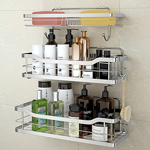 stusgo Shower Shelf for Inside Shower, Adhesive Shower Caddy with Soap Dish Holder with Hooks, No Drilling Shower Shelves Bathroom Shower Storage, Stainless Steel Shower Organizer Wall Mount, 3 Pack