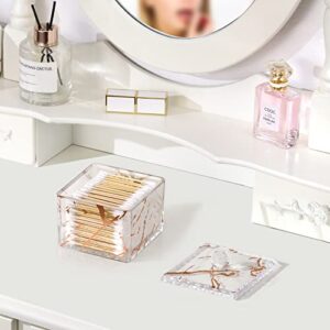 Luxspire Cotton Swab Holder Storage Box with Lid, Q-Tip Holder Cotton Ball Canister Jar Cotton Bud Round Dispenser Box, Cosmetic Vanity Organizer Bathroom Accessories Canisters, Clear + Gold Marble