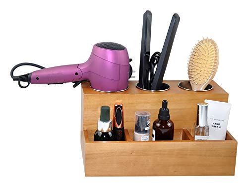 Spiretro Hair Tools Organizer, Hair Blow Dryer Care Styling Straightener, Flat Iron, Curling Wand, Brushes Holder, Caddy Storage for Vanity & Bathroom, Makeup, Wall Mount or Sit on Counter, Wood, Tan