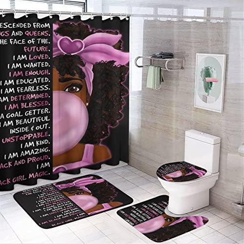 IHDABGDM African American Black Girl Shower Curtain Set with Non-Slip Rug, Toilet Cover, Bath Mat, 12 Hooks, Waterproof Shower Curtain with Carpet Set for Bathroom Decor, 70.8'' Length 4-Piece Set