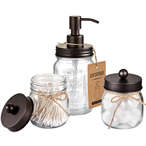 Mason Jar Bathroom Accessories Set - Includes Liquid Hand Soap Dispenser and Qtip Holder Set - Rustic Farmhouse Decor Apothecary Jars Bathroom Countertop and Vanity Organizer (Bronze)