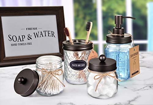 Mason Jar Bathroom Accessories Set - Includes Liquid Hand Soap Dispenser and Qtip Holder Set - Rustic Farmhouse Decor Apothecary Jars Bathroom Countertop and Vanity Organizer (Bronze)