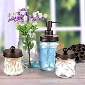 Mason Jar Bathroom Accessories Set - Includes Liquid Hand Soap Dispenser and Qtip Holder Set - Rustic Farmhouse Decor Apothecary Jars Bathroom Countertop and Vanity Organizer (Bronze)