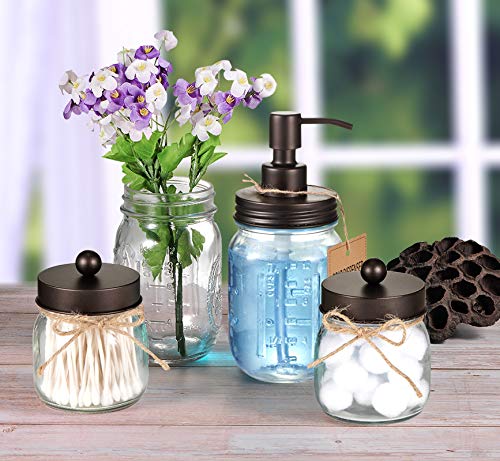 Mason Jar Bathroom Accessories Set - Includes Liquid Hand Soap Dispenser and Qtip Holder Set - Rustic Farmhouse Decor Apothecary Jars Bathroom Countertop and Vanity Organizer (Bronze)