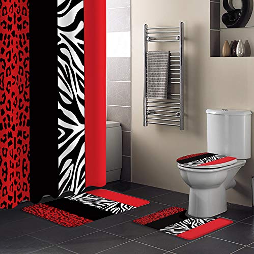 Aomike 4 Piece Shower Curtain Sets Zebra Leopard Pattern Red Black Modern Abstract Art Include Non-Slip Rug, Toilet Lid Cover, Bath Mat and Shower Curtain Waterproof with 12 Hooks for Bathroom