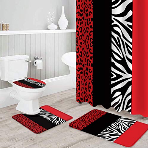 Aomike 4 Piece Shower Curtain Sets Zebra Leopard Pattern Red Black Modern Abstract Art Include Non-Slip Rug, Toilet Lid Cover, Bath Mat and Shower Curtain Waterproof with 12 Hooks for Bathroom