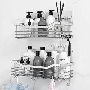 orimade shower caddy basket shelf storage rack pack of 2, no drilling wall mounted adhesive rust proof stainless steel shower organizer with 5 hooks for bathroom, toilet, kitchen