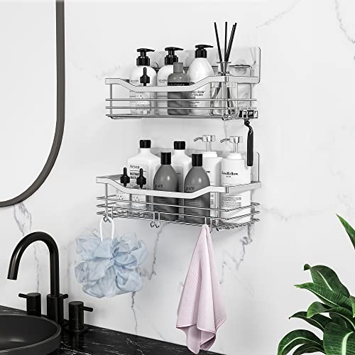 Orimade Shower Caddy Basket Shelf Storage Rack Pack of 2, No Drilling Wall Mounted Adhesive Rust Proof Stainless Steel Shower Organizer with 5 Hooks for Bathroom, Toilet, Kitchen
