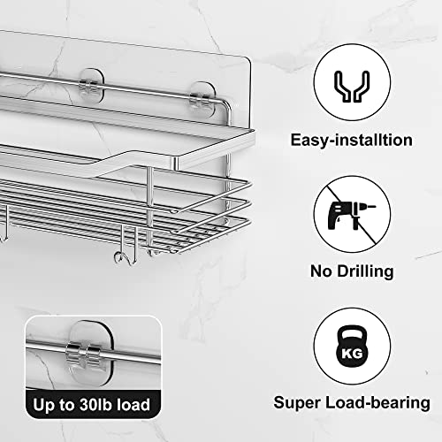 Orimade Shower Caddy Basket Shelf Storage Rack Pack of 2, No Drilling Wall Mounted Adhesive Rust Proof Stainless Steel Shower Organizer with 5 Hooks for Bathroom, Toilet, Kitchen