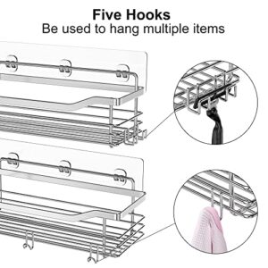 Orimade Shower Caddy Basket Shelf Storage Rack Pack of 2, No Drilling Wall Mounted Adhesive Rust Proof Stainless Steel Shower Organizer with 5 Hooks for Bathroom, Toilet, Kitchen