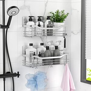 Orimade Shower Caddy Basket Shelf Storage Rack Pack of 2, No Drilling Wall Mounted Adhesive Rust Proof Stainless Steel Shower Organizer with 5 Hooks for Bathroom, Toilet, Kitchen