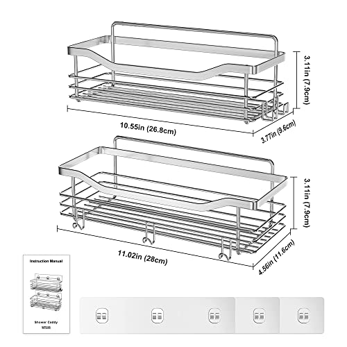 Orimade Shower Caddy Basket Shelf Storage Rack Pack of 2, No Drilling Wall Mounted Adhesive Rust Proof Stainless Steel Shower Organizer with 5 Hooks for Bathroom, Toilet, Kitchen