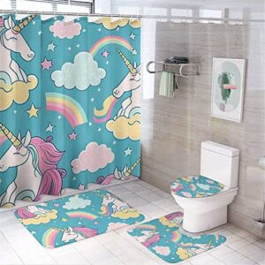 blue four piece bathroom set unicorn rainbow cloud shower accessories set with rugs and curtains