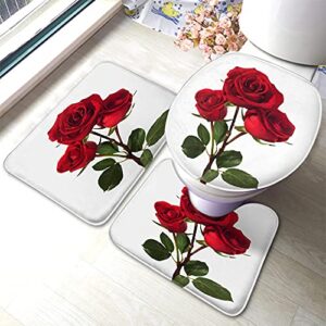 wondertify dark red three roses bathroom antiskid pad beautiful bouquet flower 3 pieces bathroom rugs set, bath mat+contour+toilet lid cover white